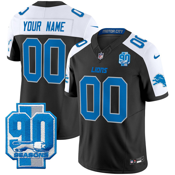 Men's Detroit Lions Active Player Custom Black/White 2025 F.U.S.E. 90th Year Patch Limited Stitched Football Jersey